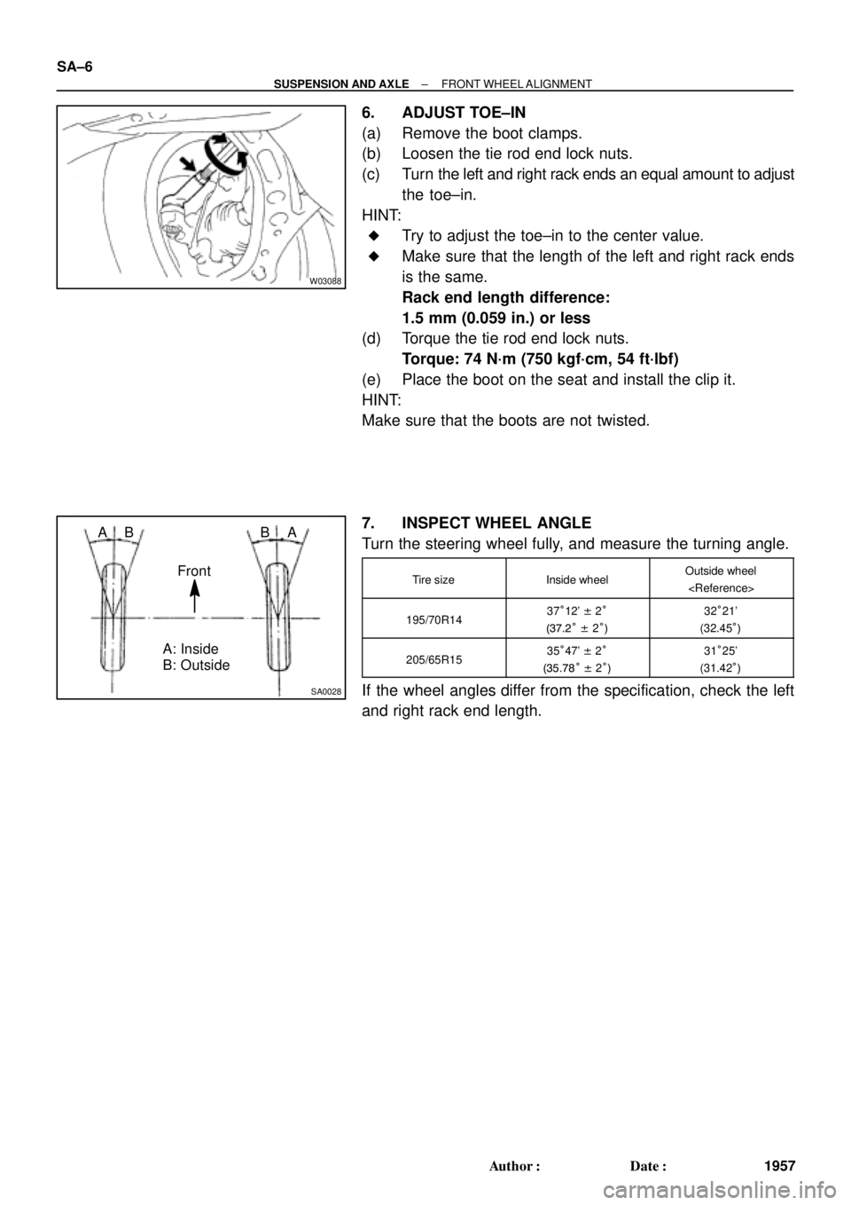 TOYOTA CAMRY 1999  Service Repair Manual W03088
SA0028
A: Inside
B: Outside AB
Front BA SA±6
± SUSPENSION AND AXLEFRONT WHEEL ALIGNMENT
1957 Author: Date:
6. ADJUST TOE±IN
(a) Remove the boot clamps.
(b) Loosen the tie rod end lock nuts