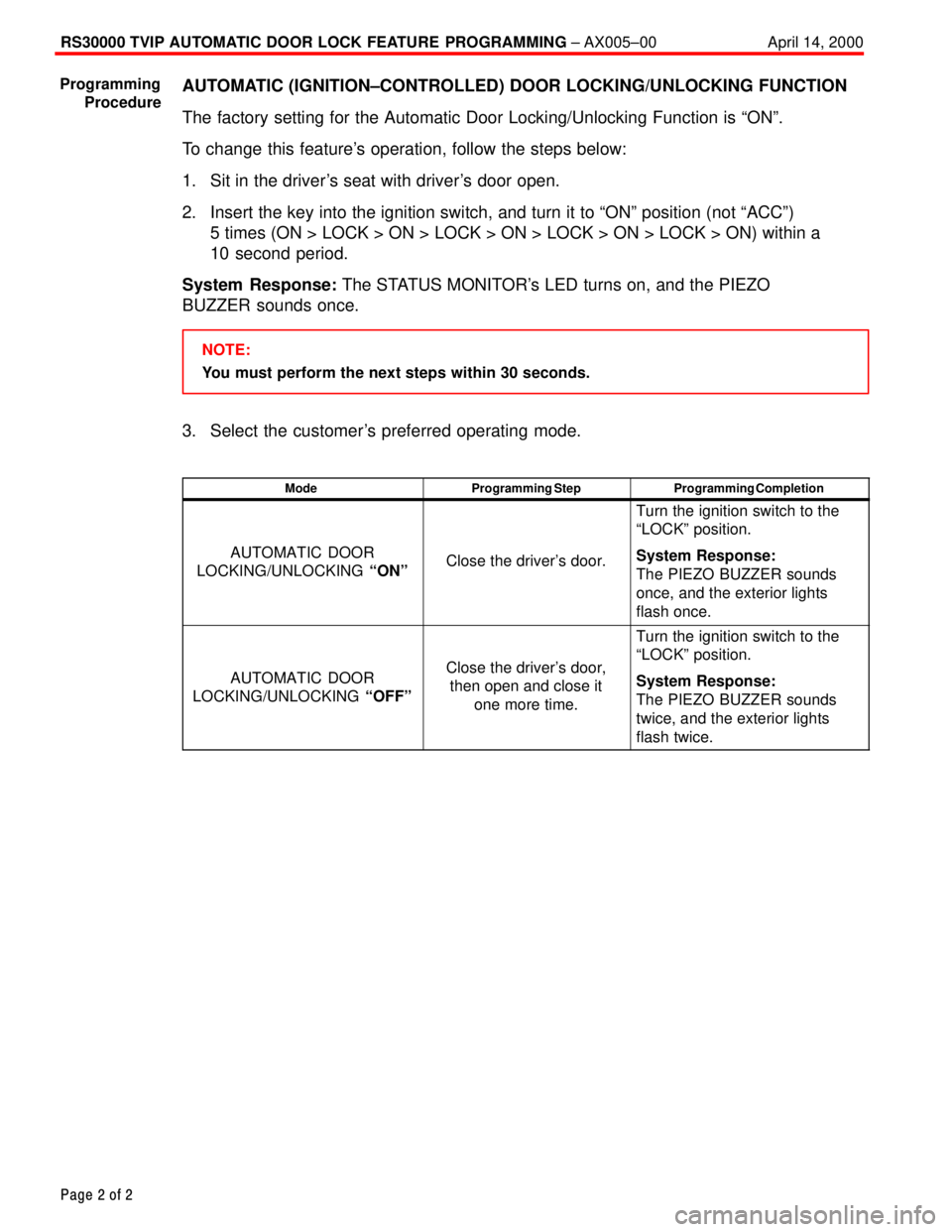 TOYOTA CAMRY 1999  Service Repair Manual RS30000 TVIP AUTOMATIC DOOR LOCK FEATURE PROGRAMMING ± AX005±00 April 14, 2000
Page 2 of 2
AUTOMATIC (IGNITION±CONTROLLED) DOOR LOCKING/UNLOCKING FUNCTION
The factory setting for the Automatic Door