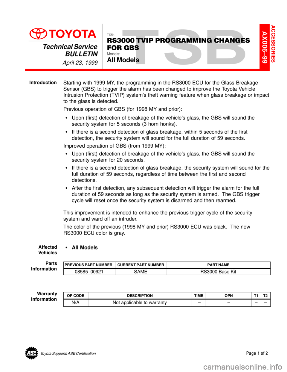 TOYOTA CAMRY 1999  Service Repair Manual Toyota Supports ASE CertificationPage 1 of 2
AX006±99Title:
RS3000 TVIP PROGRAMMING CHANGES
FOR GBS
Models:
All Models
Technical Service
BULLETIN
April 23, 1999
  
Starting with 1999 MY, the programm