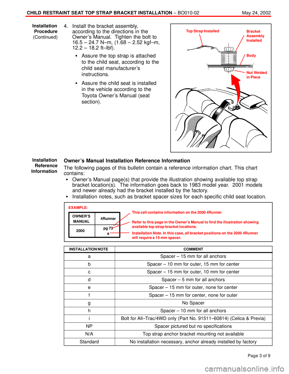 TOYOTA CAMRY 1999  Service Repair Manual CHILD RESTRAINT SEAT TOP STRAP BRACKET INSTALLATION ± BO010-02May 24, 2002
Page 3 of 9
4. Install the bracket assembly,
according to the directions in the
Owner s Manual.  Tighten the bolt to
16.5 