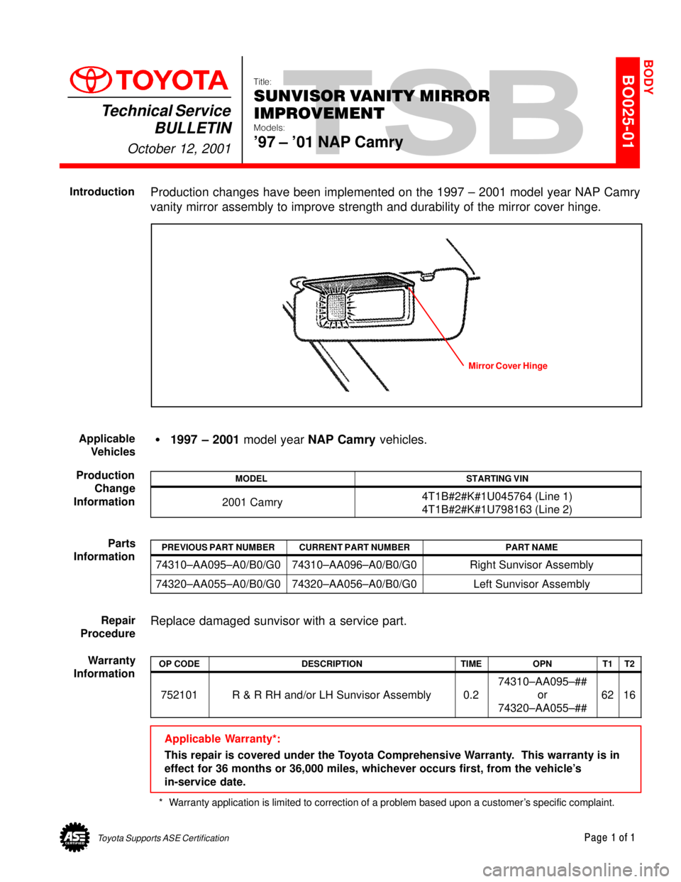 TOYOTA CAMRY 1999  Service Repair Manual Toyota Supports ASE CertificationPage 1 of 1
BO025-01Title:
SUNVISOR VANITY MIRROR
IMPROVEMENT
Models:
97 ± 01 NAP Camry
Technical Service
BULLETIN
October 12, 2001
  
Production changes have been 
