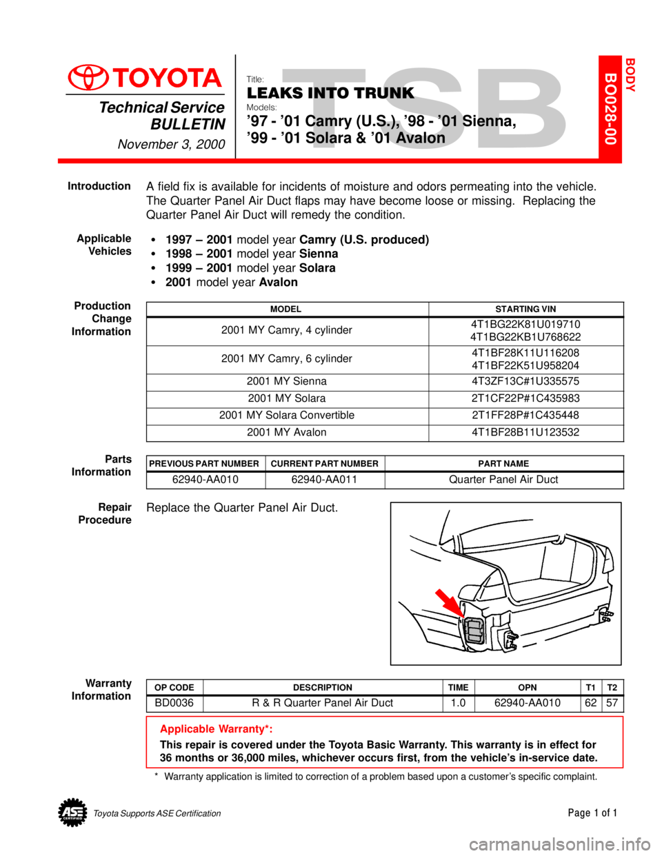TOYOTA CAMRY 1999  Service Repair Manual Toyota Supports ASE CertificationPage 1 of 1
BO028-00Title:
LEAKS INTO TRUNK
Models:
97 - 01 Camry (U.S.), 98 - 01 Sienna,
99 - 01 Solara & 01 Avalon
Technical Service
BULLETIN
November 3, 2000