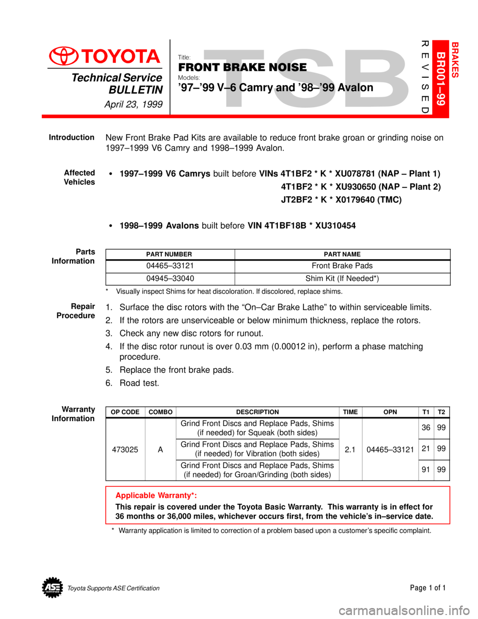 TOYOTA CAMRY 1999  Service Repair Manual Toyota Supports ASE CertificationPage 1 of 1
BR001±99
Title:
FRONT BRAKE NOISE
Models:
97±99 V±6 Camry and 98±99 Avalon
Technical Service
BULLETIN
April 23, 1999
  
New Front Brake Pad Kits ar