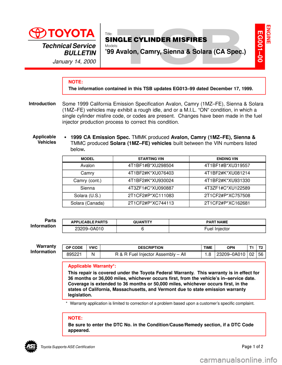 TOYOTA CAMRY 1999  Service Repair Manual Toyota Supports ASE CertificationPage 1 of 2
EG001±00
Title:
SINGLE CYLINDER MISFIRES
Models:
99 Avalon, Camry, Sienna & Solara (CA Spec.)
Technical Service
BULLETIN
January 14, 2000
  
NOTE:
The in