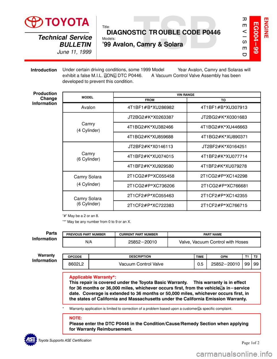 TOYOTA CAMRY 1999  Service Repair Manual TSB
Technical Service
BULLETIN
June 11, 1999
EG004-99
Toyota Supports ASE Certification
ENGINE
Title:
DIAGNOSTIC  TR OUBLE CODE P0446
Models:
99 Avalon, Camry & Solara
Page 1of 2
Parts
InformationPRE
