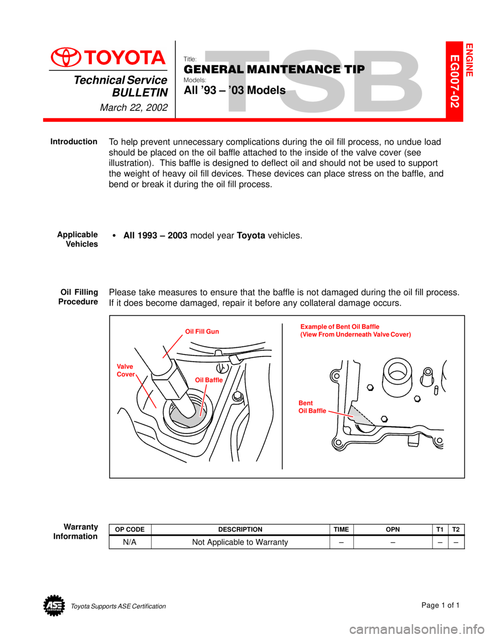 TOYOTA CAMRY 1999  Service Repair Manual Toyota Supports ASE CertificationPage 1 of 1
EG007-02Title:
GENERAL MAINTENANCE TIP
Models:
All 93 ± 03 Models
Technical Service
BULLETIN
March 22, 2002
  
To help prevent unnecessary complications