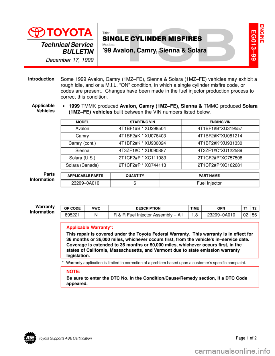 TOYOTA CAMRY 1999  Service Repair Manual Toyota Supports ASE CertificationPage 1 of 2
EG013±99
Title:
SINGLE CYLINDER MISFIRES
Models:
99 Avalon, Camry, Sienna & Solara
Technical Service
BULLETIN
December 17, 1999
  
Some 1999 Avalon, Camr