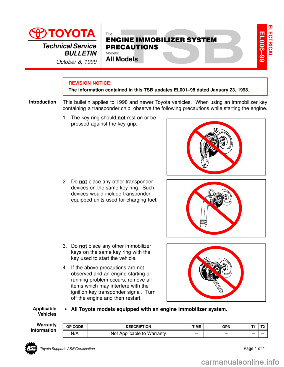 TOYOTA CAMRY 1999  Service Repair Manual Toyota Supports ASE CertificationPage 1 of 1
EL006±99Title:
ENGINE IMMOBILIZER SYSTEM
PRECAUTIONS
Models:
All Models
Technical Service
BULLETIN
October 8, 1999
  
REVISION NOTICE:
The information con