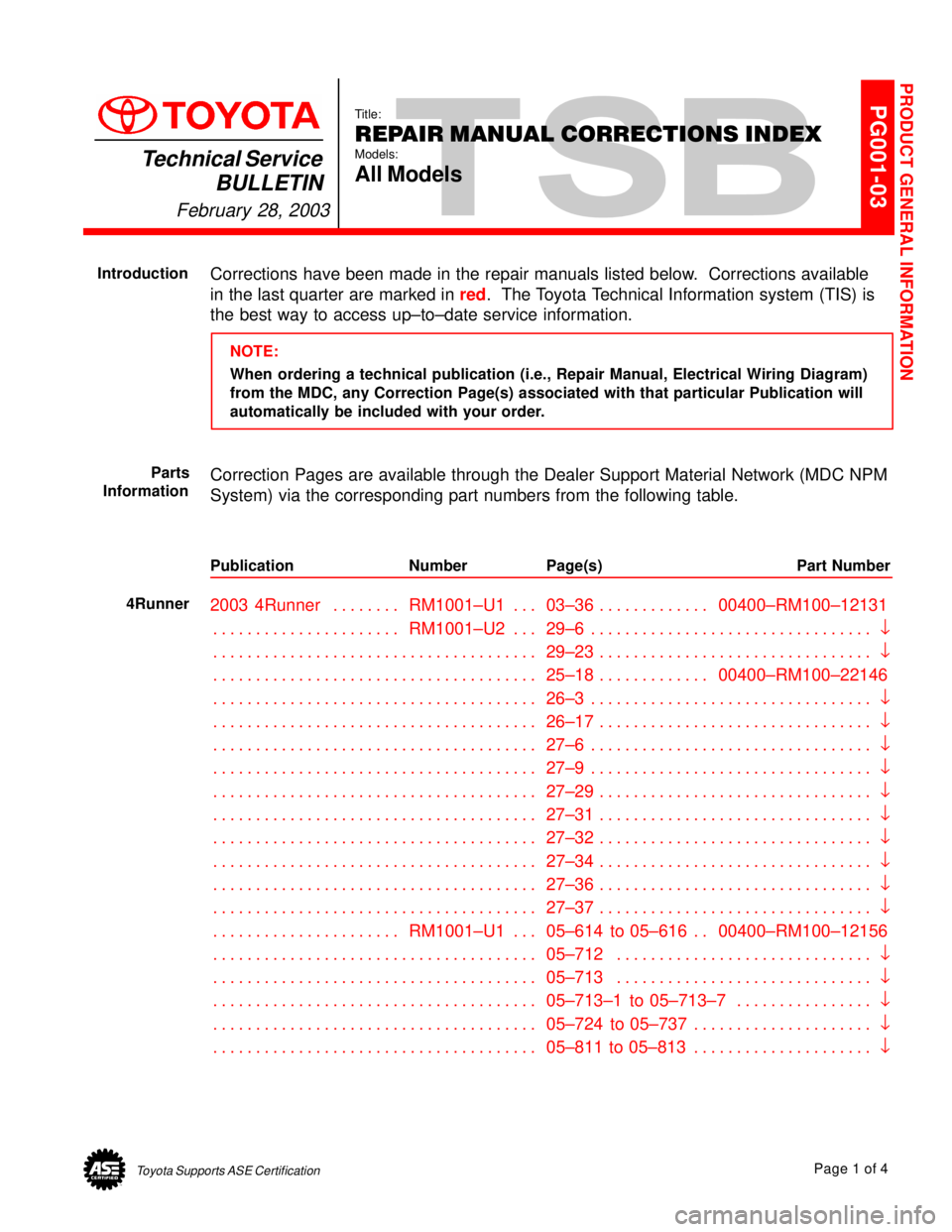 TOYOTA CAMRY 1999  Service Repair Manual Toyota Supports ASE CertificationPage 1 of 4
PG001-03Title:
REPAIR MANUAL CORRECTIONS INDEX
Models:
All ModelsTechnical Service
BULLETIN
February 28, 2003
  
Corrections have been made in the repair m