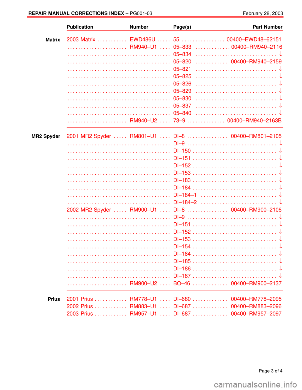 TOYOTA CAMRY 1999  Service Repair Manual REPAIR MANUAL CORRECTIONS INDEX ± PG001-03February 28, 2003
Page 3 of 4
Publication Number Page(s) Part Number
2003 Matrix EWD486U 55 00400±EWD48±62151. . . . . . . . . . .  . . . . .  . . . . . . 