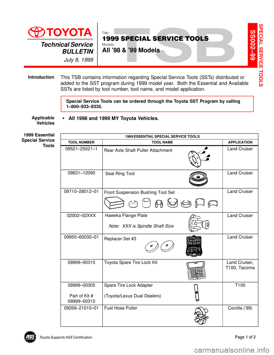 TOYOTA CAMRY 1999  Service Repair Manual Toyota Supports ASE CertificationPage 1 of 2
SS002±99Title:
1999 SPECIAL SERVICE TOOLS
Models:
All 98 & 99 Models
Technical Service
BULLETIN
July 9, 1999
  
This TSB contains information regarding 