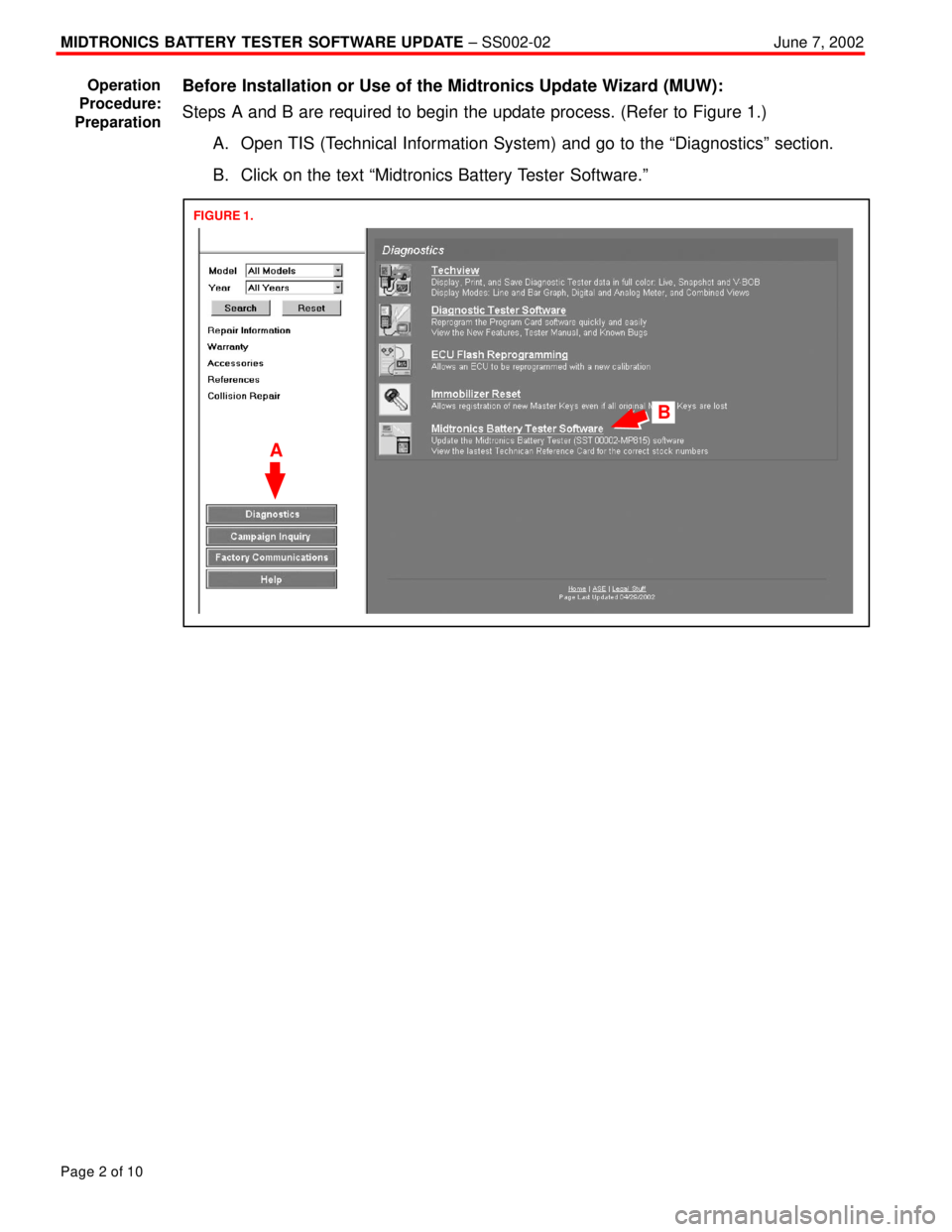 TOYOTA CAMRY 1999  Service Repair Manual MIDTRONICS BATTERY TESTER SOFTWARE UPDATE ± SS002-02June 7, 2002
Page 2 of 10
Before Installation or Use of the Midtronics Update Wizard (MUW):
Steps A and B are required to begin the update process.