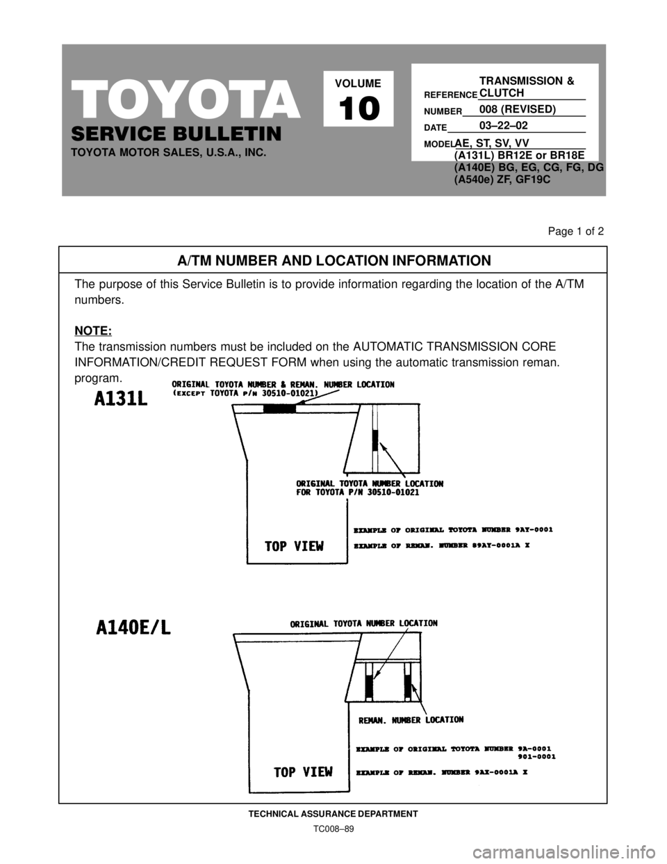 TOYOTA CAMRY 1999  Service Repair Manual TC008±89 TECHNICAL ASSURANCE DEPARTMENT
TOYOTA
SERVICE BULLETIN
TOYOTA MOTOR SALES, U.S.A., INC.VOLUME
10
REFERENCE
NUMBER
DATE
MODEL
TRANSMISSION &
CLUTCH
008 (REVISED)
03±22±02
Page 1 of 2
A/TM N