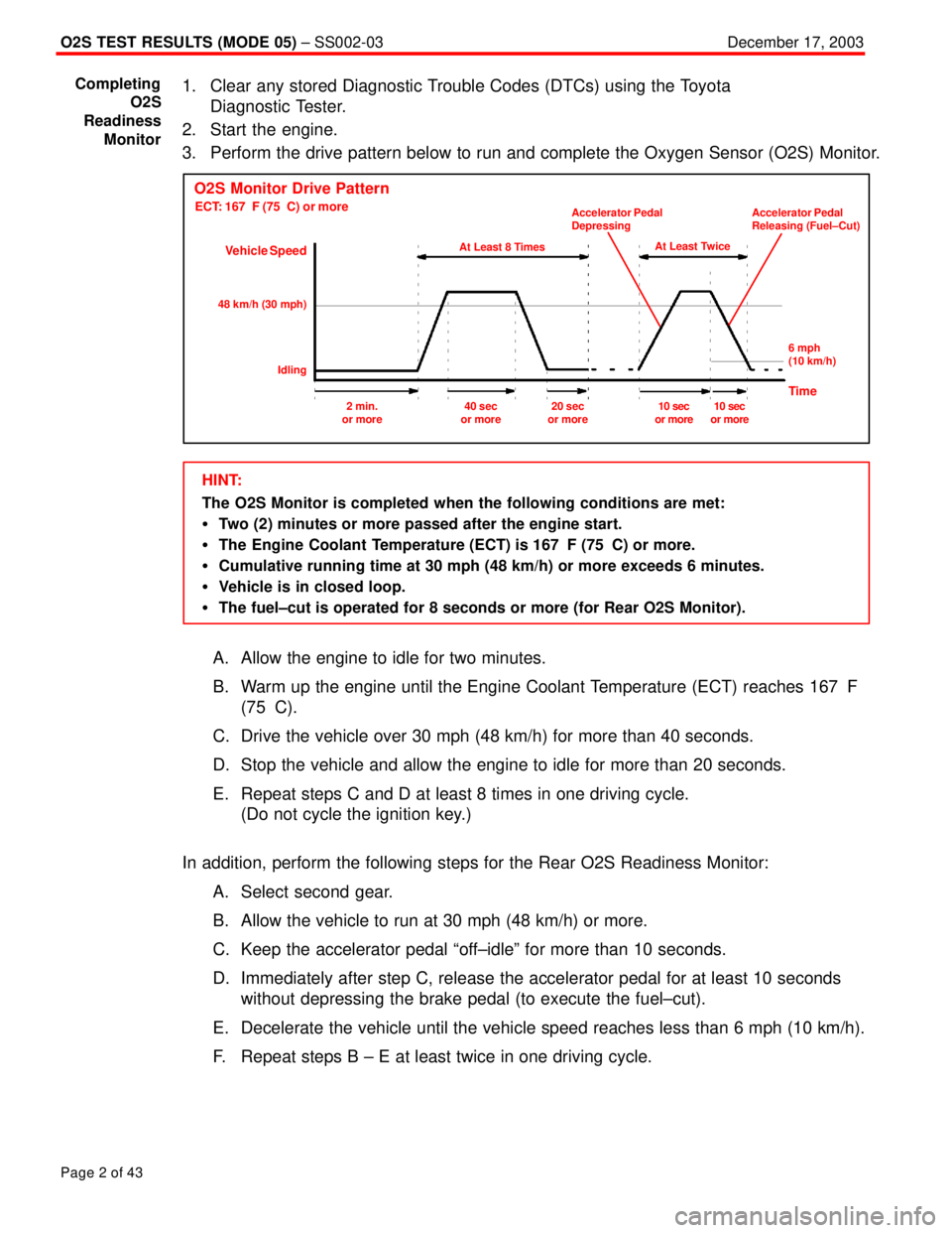 TOYOTA CAMRY 1999  Service Repair Manual O2S TEST RESULTS (MODE 05) ± SS002-03December 17, 2003
Page 2 of 43
1. Clear any stored Diagnostic Trouble Codes (DTCs) using the Toyota 
Diagnostic Tester.
2. Start the engine.
3. Perform the drive 