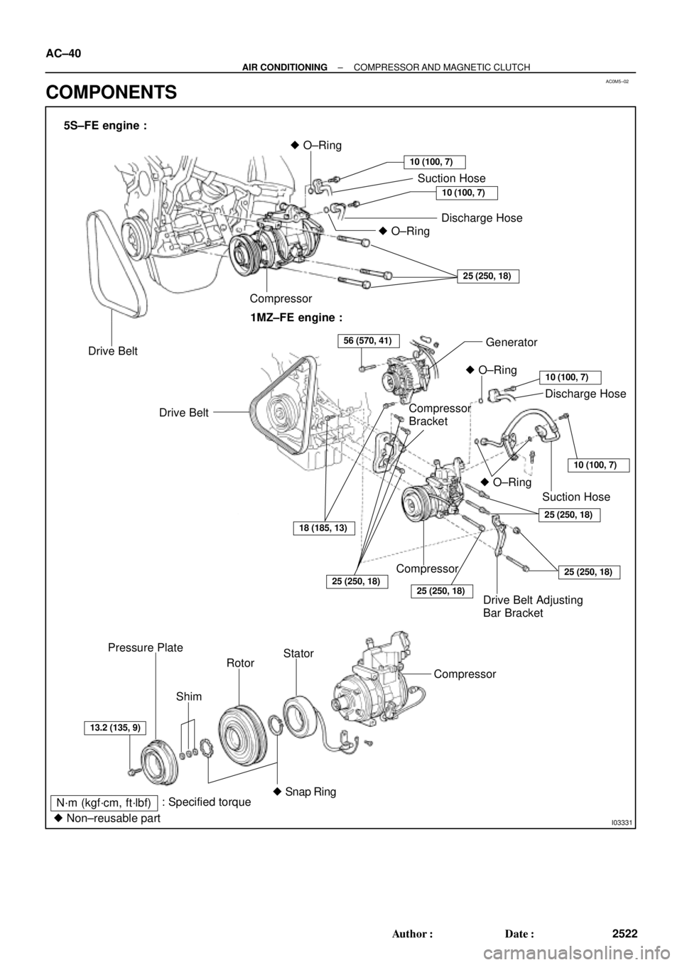 TOYOTA CAMRY 1999  Service Repair Manual AC0M5±02
I03331
5S±FE engine :
Drive BeltCompressor O±Ring
Suction Hose
Discharge Hose
10 (100, 7)
10 (100, 7)
 O±Ring
25 (250, 18)
1MZ±FE engine :
 O±Ring
Drive Belt
Drive Belt Adjusting
Bar