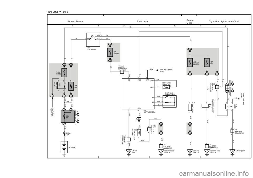 TOYOTA CAMRY 1999  Service Repair Manual 1
234
12 CAMRY CNG
6 1 3
A4 5
J 4
JUNCTI ON
CONNECTOR
J 9
JUNCTI ON
CONNE CT OR From Stop Light SW
<8±4>
W±BW± B G± W
W± B L±B
W± BL±B P±L
B±R
IF IE5IE1
71J 81J
1 2
A 1A 1F1B 41B1
2F 1 2
5 3