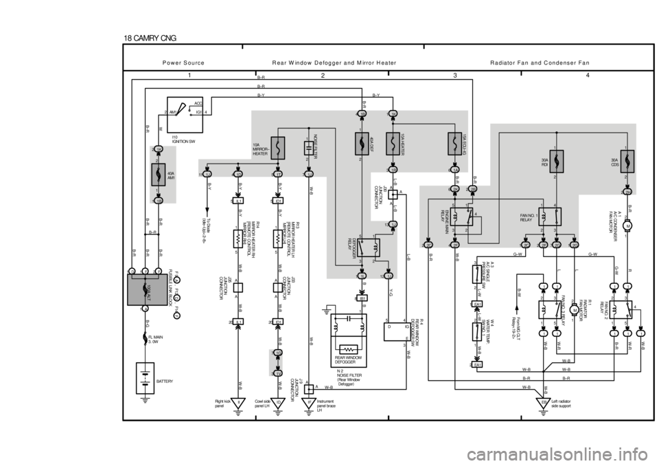 TOYOTA CAMRY 1999  Service Repair Manual 1
234
18 CAMRY CNG11F2F
1AB± R
B±R
40A
AM1B±R
1B 11K 22ACC
IG1 AM1 4B±Y
L±B
10A
MIRROR±
HEATER
10A HEATER15A ECU±IG
40A DEF
30A
RDI
A30A
CDS
1T 5 1D 41J71R 31A6
2H 2
5IL1 ID15
8IB11L 11J12
1V 3