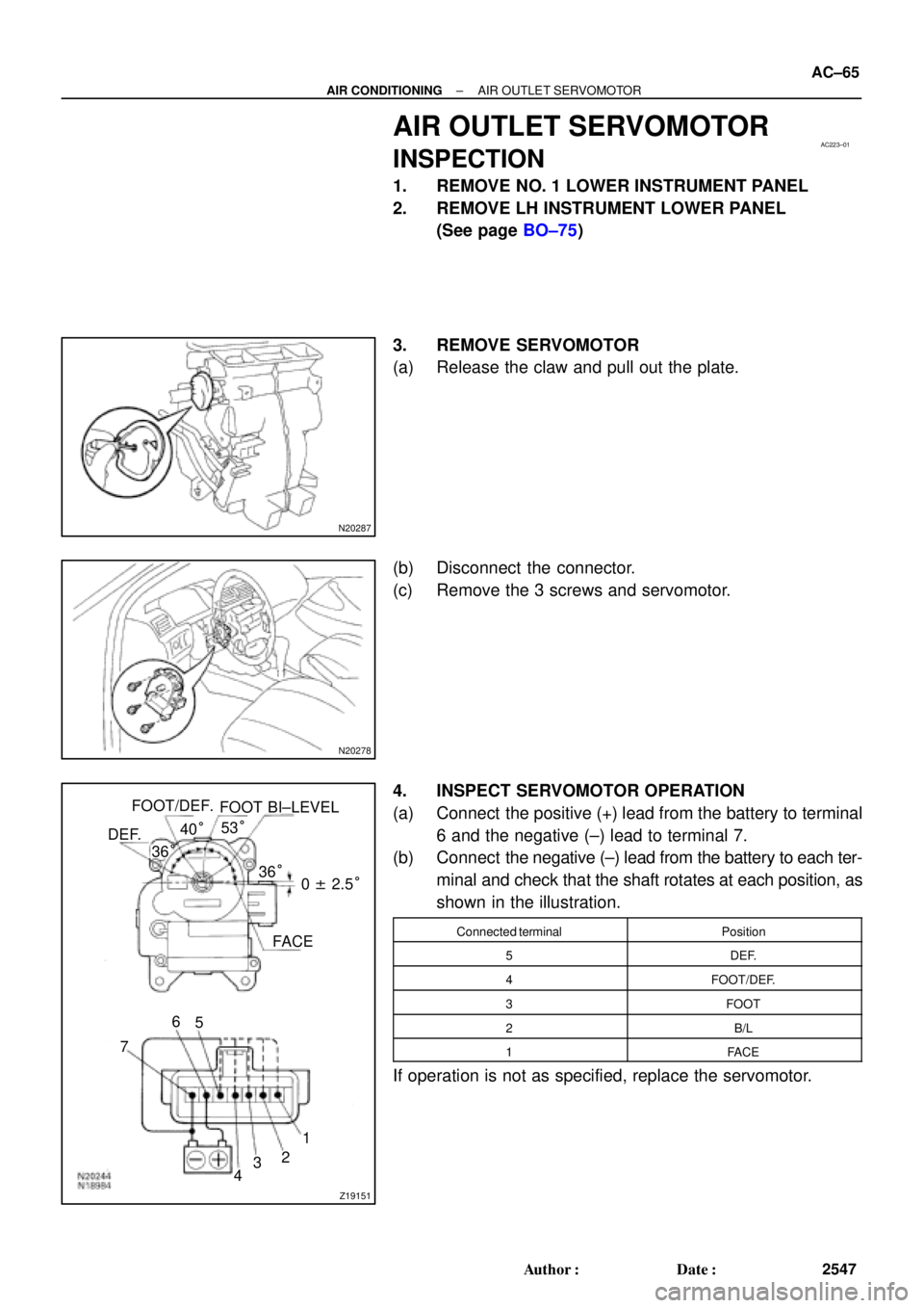 TOYOTA CAMRY 1999  Service Repair Manual AC223±01
N20287
N20278
Z19151
DEF.FOOT/DEF.
FOOT BI±LEVEL
FACE
1
2
3
4 5 6
736°
0 ± 2.5° 36° 40°53°
± AIR CONDITIONINGAIR OUTLET SERVOMOTOR
AC±65
2547 Author: Date:
AIR OUTLET SERVOMOTOR
I