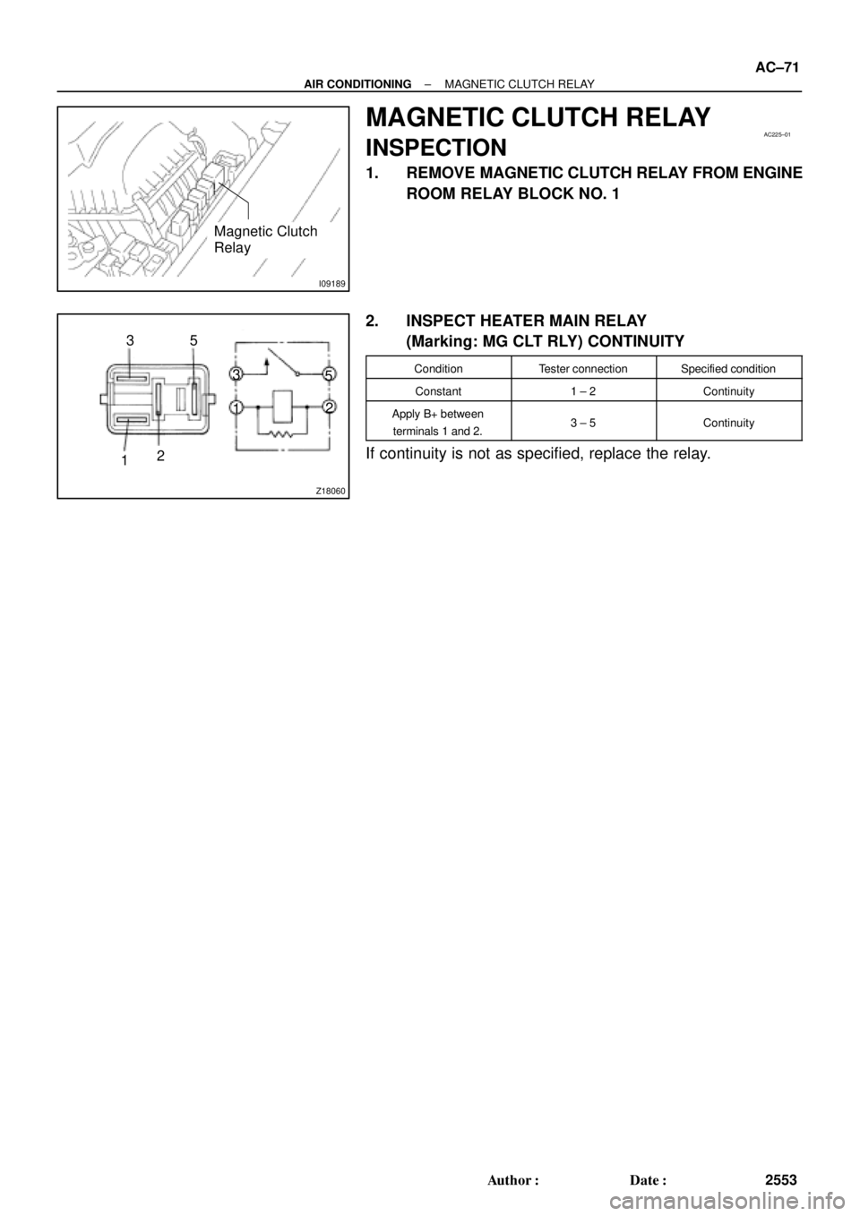 TOYOTA CAMRY 1999  Service Repair Manual I09189
Magnetic Clutch
Relay
AC225±01
Z18060
35
1212 3
5
± AIR CONDITIONINGMAGNETIC CLUTCH RELAY
AC±71
2553 Author: Date:
MAGNETIC CLUTCH RELAY
INSPECTION
1. REMOVE MAGNETIC CLUTCH RELAY FROM ENG
