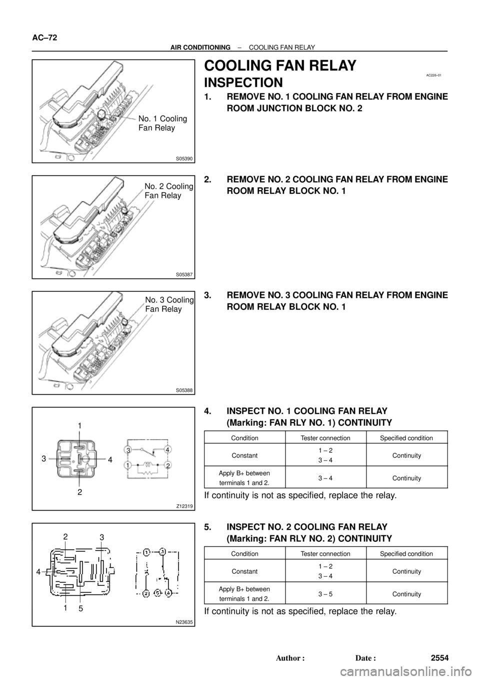 TOYOTA CAMRY 1999  Service Repair Manual S05390
No. 1 Cooling
Fan Relay
AC226±01
S05387
No. 2 Cooling
Fan Relay
S05388
No. 3 Cooling
Fan Relay
Z12319
1
3
24
1
2 34
N23635
5 1 42
3 AC±72
± AIR CONDITIONINGCOOLING FAN RELAY
2554 Author: Da