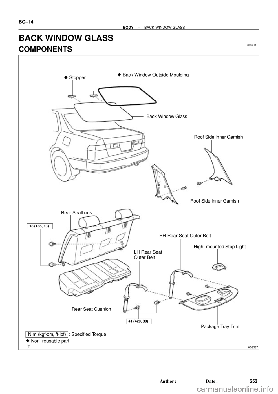 TOYOTA CAMRY 1999  Service Repair Manual BO2E2±01
H09257
N´m (kgf´cm, ft´lbf) : Specified Torque Stopper Back Window Outside Moulding
High±mounted Stop Light Rear SeatbackBack Window Glass
Roof Side Inner Garnish
Package Tray Trim
Rea