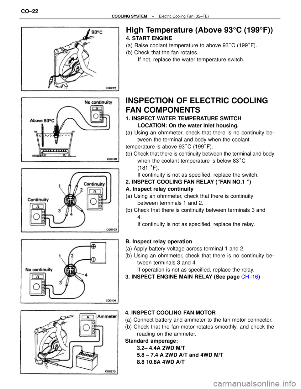 TOYOTA CAMRY V20 1986 Service Information INSPECTION OF ELECTRIC COOLING
FAN COMPONENTS
1. INSPECT WATER TEMPERATURE SWITCH
LOCATION: On the water inlet housing.
(a) Using an ohmmeter, check that there is no continuity be-
tween the terminal TOYOTA CAMRY V20 1986 Service Information INSPECTION OF ELECTRIC COOLING
FAN COMPONENTS
1. INSPECT WATER TEMPERATURE SWITCH
LOCATION: On the water inlet housing.
(a) Using an ohmmeter, check that there is no continuity be-
tween the terminal