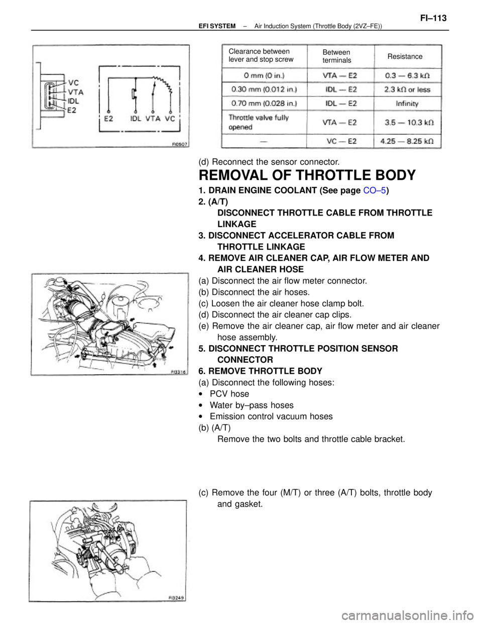 TOYOTA CAMRY V20 1986  Service Information (d) Reconnect the sensor connector.
REMOVAL OF THROTTLE BODY
1. DRAIN ENGINE COOLANT (See page CO±5)
2. (A/T)
DISCONNECT THROTTLE CABLE FROM THROTTLE
LINKAGE
3. DISCONNECT ACCELERATOR CABLE FROM
THRO