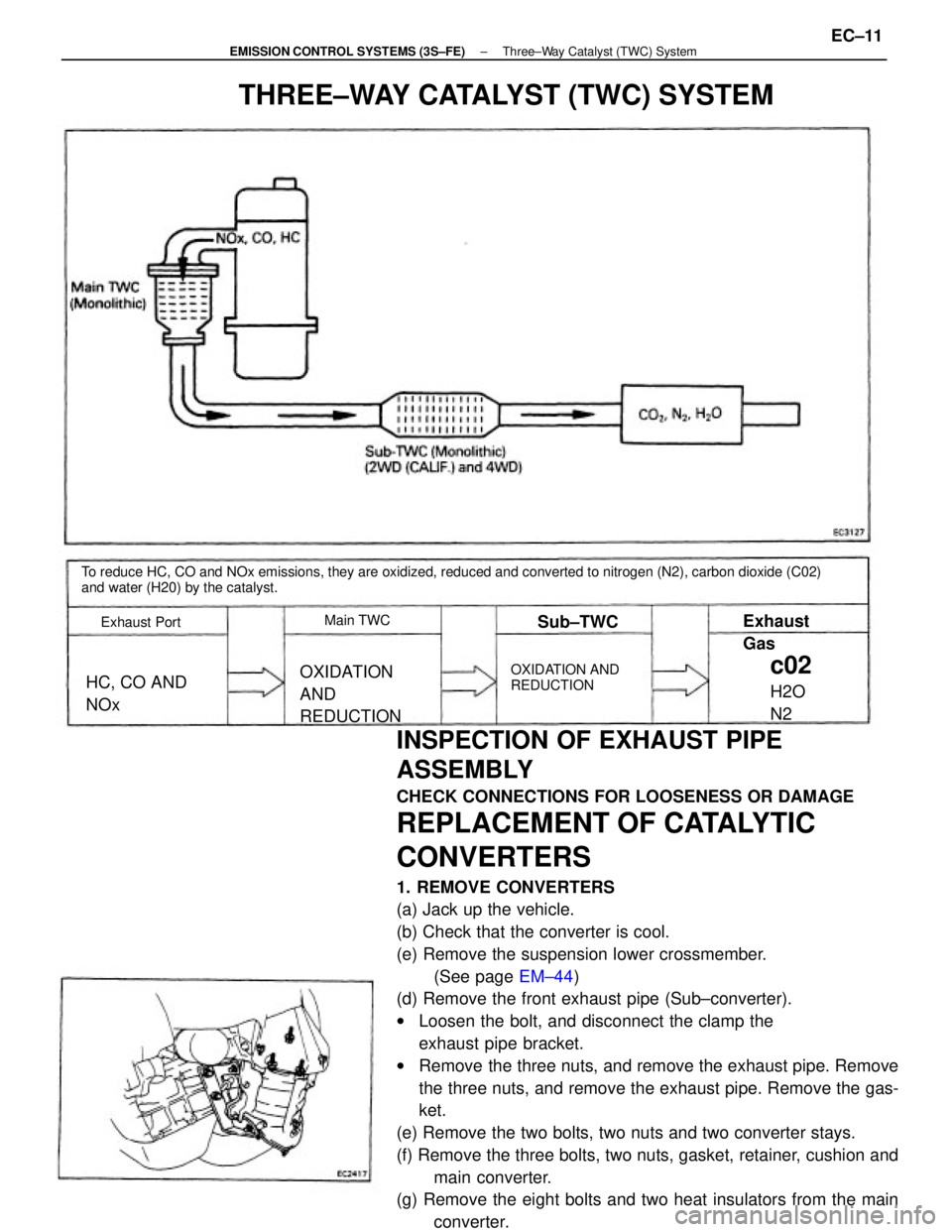 TOYOTA CAMRY V20 1986  Service Information INSPECTION OF EXHAUST PIPE
ASSEMBLY
CHECK CONNECTIONS FOR LOOSENESS OR DAMAGE
REPLACEMENT OF CATALYTIC
CONVERTERS
1. REMOVE CONVERTERS
(a) Jack up the vehicle.
(b) Check that the converter is cool.
(e