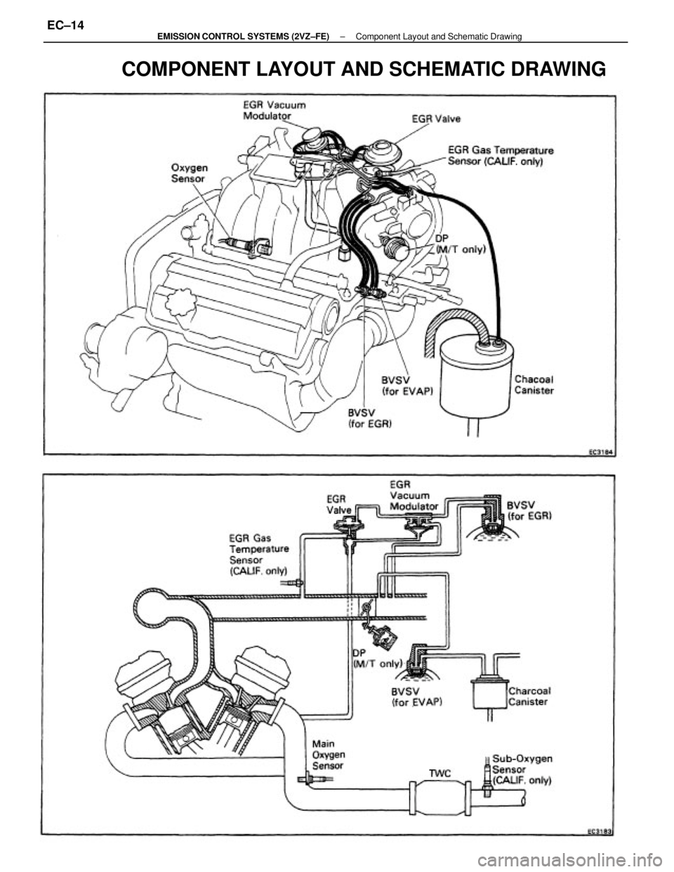 TOYOTA CAMRY V20 1986  Service Information COMPONENT LAYOUT AND SCHEMATIC DRAWING
± EMISSION CONTROL SYSTEMS (2VZ±FE)Component Layout and Schematic DrawingEC±14 