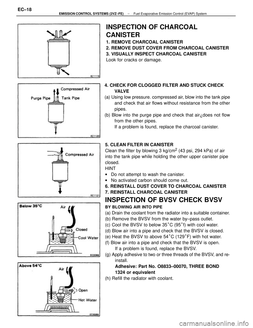 TOYOTA CAMRY V20 1986 Service Information 5. CLEAN FILTER IN CANISTER
Clean the filter by blowing 3 kg/cm
2 (43 psi, 294 kPa) of air
into the tank pipe while holding the other upper canister pipe
closed.
HINT
wDo not attempt to wash the canis TOYOTA CAMRY V20 1986 Service Information 5. CLEAN FILTER IN CANISTER
Clean the filter by blowing 3 kg/cm
2 (43 psi, 294 kPa) of air
into the tank pipe while holding the other upper canister pipe
closed.
HINT
wDo not attempt to wash the canis