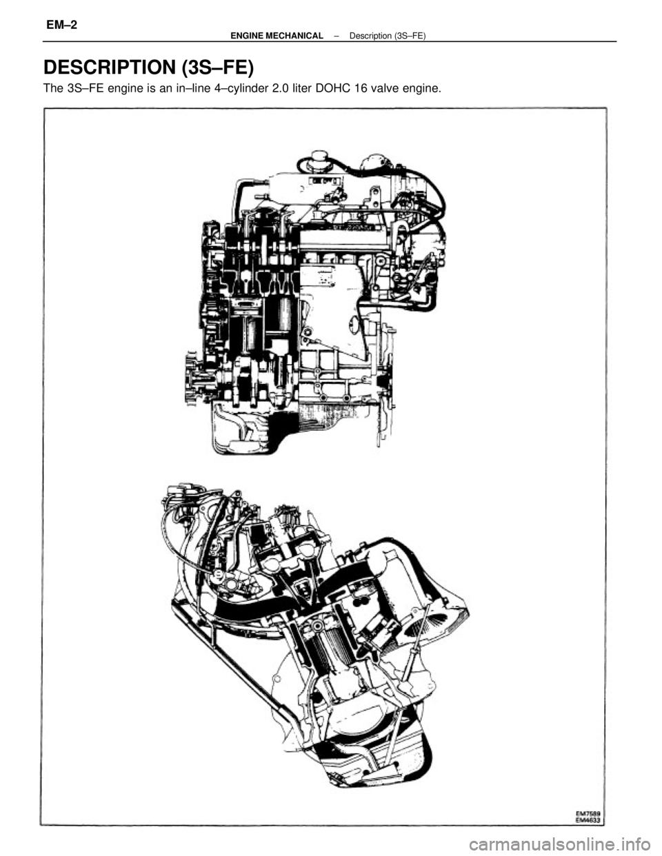 TOYOTA CAMRY V20 1986  Service Information DESCRIPTION (3S±FE)
The 3S±FE engine is an in±line 4±cylinder 2.0 liter DOHC 16 valve engine.
± ENGINE MECHANICALDescription (3S±FE)EM±2 