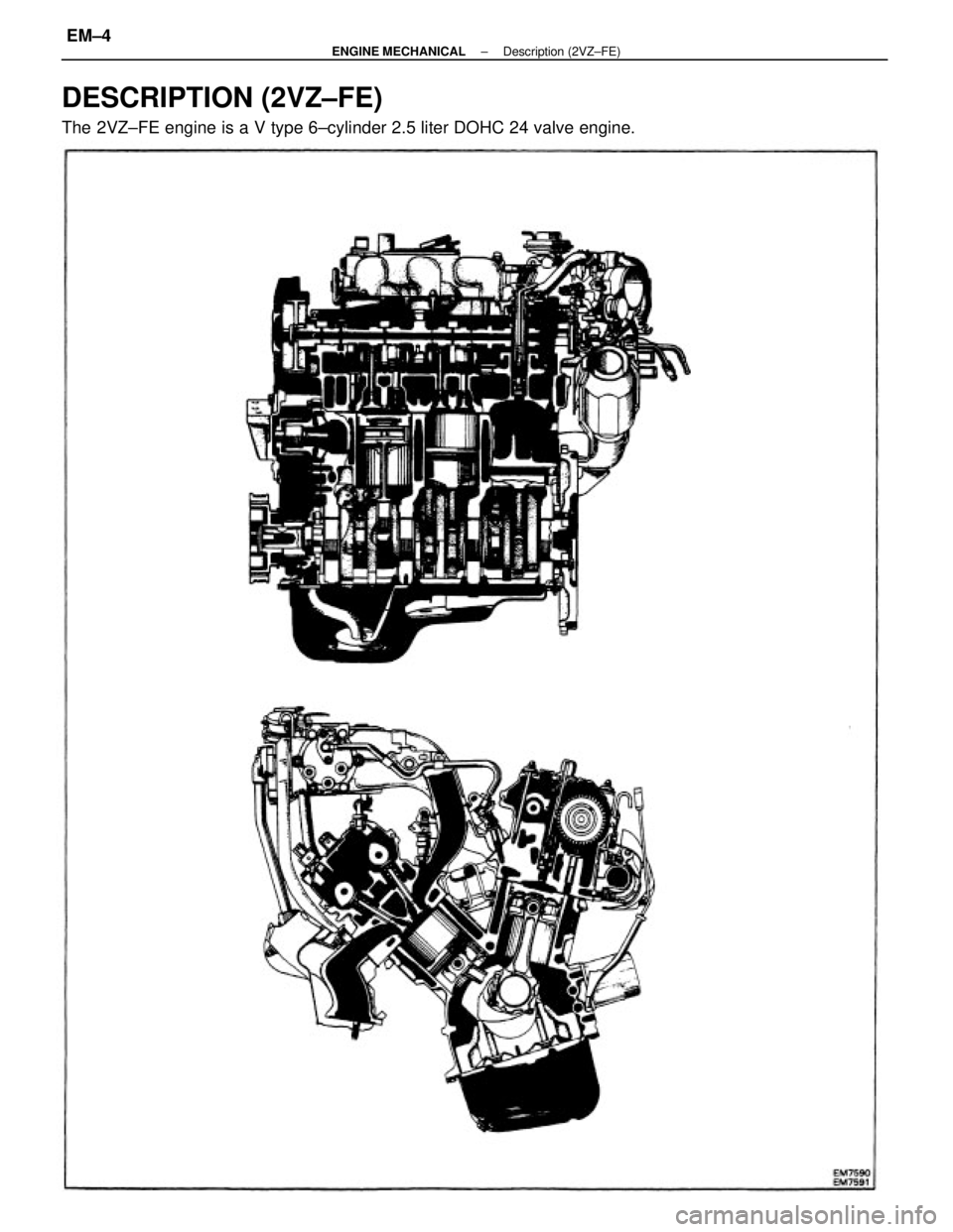 TOYOTA CAMRY V20 1986  Service Information DESCRIPTION (2VZ±FE)
The 2VZ±FE engine is a V type 6±cylinder 2.5 liter DOHC 24 valve engine.
± ENGINE MECHANICALDescription (2VZ±FE)EM±4 