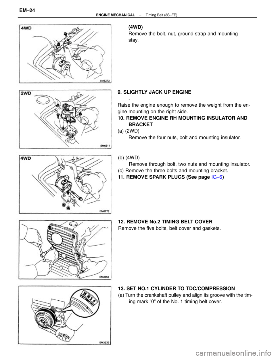 TOYOTA CAMRY V20 1986  Service Information 9. SLIGHTLY JACK UP ENGINE
.
Raise the engine enough to remove the weight from the en-
gine mounting on the right side.
10. REMOVE ENGINE RH MOUNTING INSULATOR AND
BRACKET
(a) (2WD)
Remove the four nu
