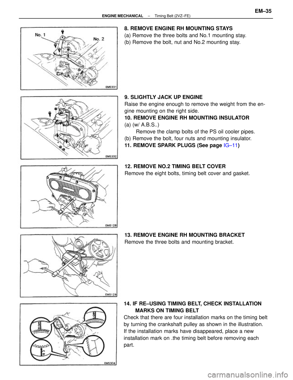 TOYOTA CAMRY V20 1986  Service Information 9. SLIGHTLY JACK UP ENGINE
Raise the engine enough to remove the weight from the en-
gine mounting on the right side.
10. REMOVE ENGINE RH MOUNTING INSULATOR
(a) (w/ A.B.S..)
Remove the clamp bolts of
