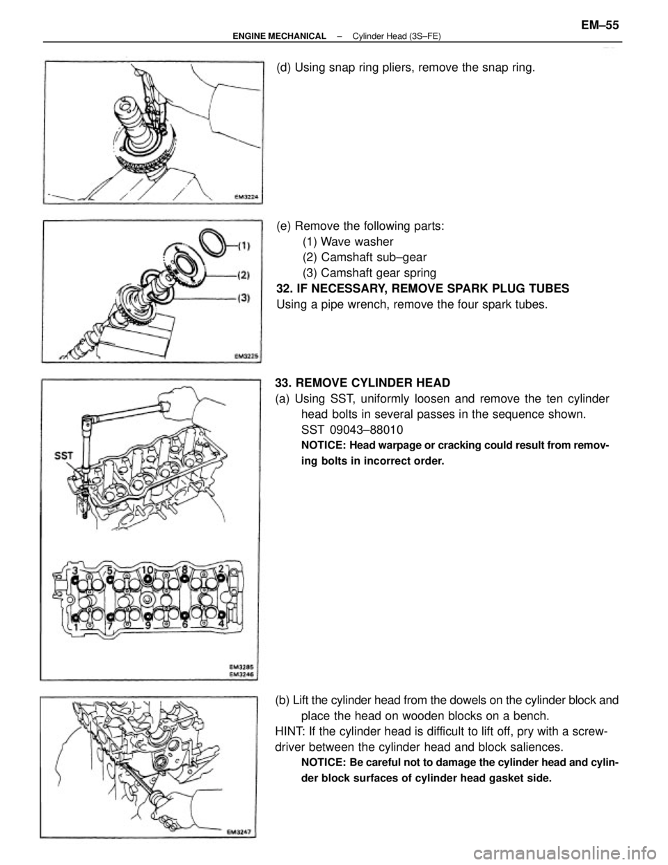 TOYOTA CAMRY V20 1986  Service Information (e) Remove the following parts:
(1) Wave  washer
(2) Camshaft sub±gear
(3) Camshaft gear spring
32. IF NECESSARY, REMOVE SPARK PLUG TUBES
Using a pipe wrench, remove the four spark tubes.
33. REMOVE 