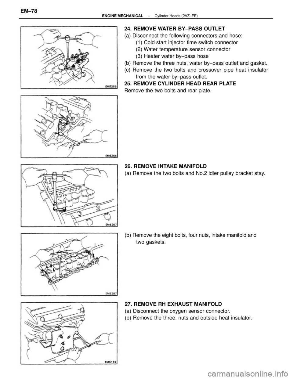 TOYOTA CAMRY V20 1986  Service Information 24. REMOVE WATER BY±PASS OUTLET
(a) Disconnect the following connectors and hose:
(1) Cold start injector time switch connector
(2) Water temperature sensor connector
(3) Heater water by±pass hose
(