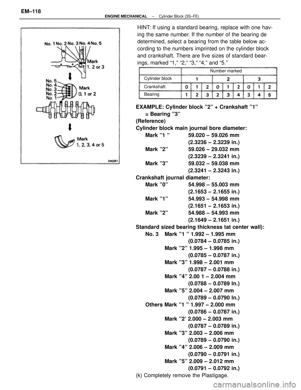 TOYOTA CAMRY V20 1986 Service Information EXAMPLE: Cylinder block º2º + Crankshaft º1º
= Bearing º3º
(Reference)
Cylinder block main journal bore diameter:
Mark º1 º 59.020 ± 59.026 mm
(2.3236 ± 2.3239 in.)
Mark º2º 59.026 ± 29 TOYOTA CAMRY V20 1986 Service Information EXAMPLE: Cylinder block º2º + Crankshaft º1º
= Bearing º3º
(Reference)
Cylinder block main journal bore diameter:
Mark º1 º 59.020 ± 59.026 mm
(2.3236 ± 2.3239 in.)
Mark º2º 59.026 ± 29