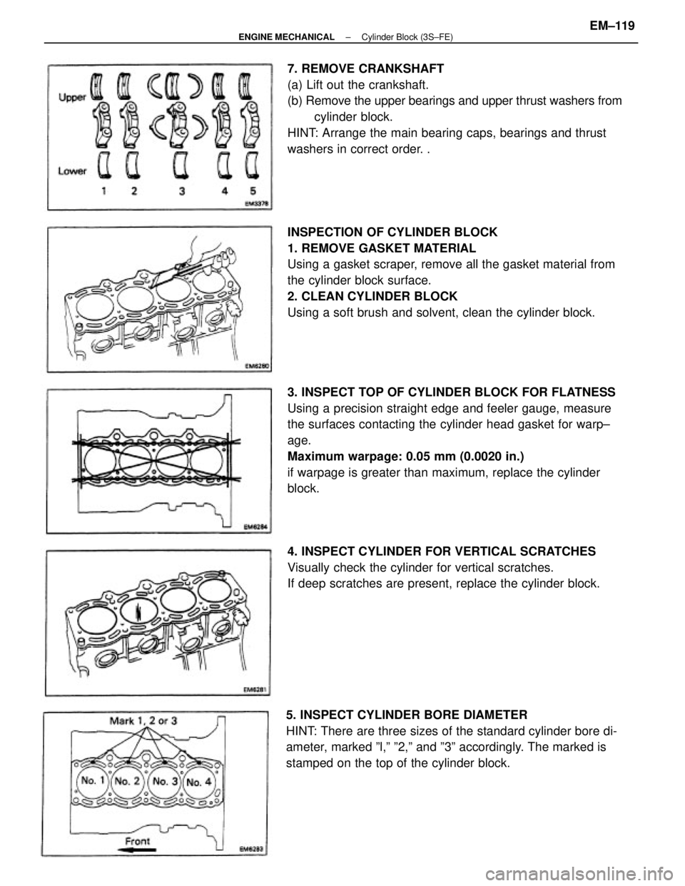 TOYOTA CAMRY V20 1986 Service Information INSPECTION OF CYLINDER BLOCK
1. REMOVE GASKET MATERIAL
Using a gasket scraper, remove all the gasket material from
the cylinder block surface.
2. CLEAN CYLINDER BLOCK
Using a soft brush and solvent, c TOYOTA CAMRY V20 1986 Service Information INSPECTION OF CYLINDER BLOCK
1. REMOVE GASKET MATERIAL
Using a gasket scraper, remove all the gasket material from
the cylinder block surface.
2. CLEAN CYLINDER BLOCK
Using a soft brush and solvent, c