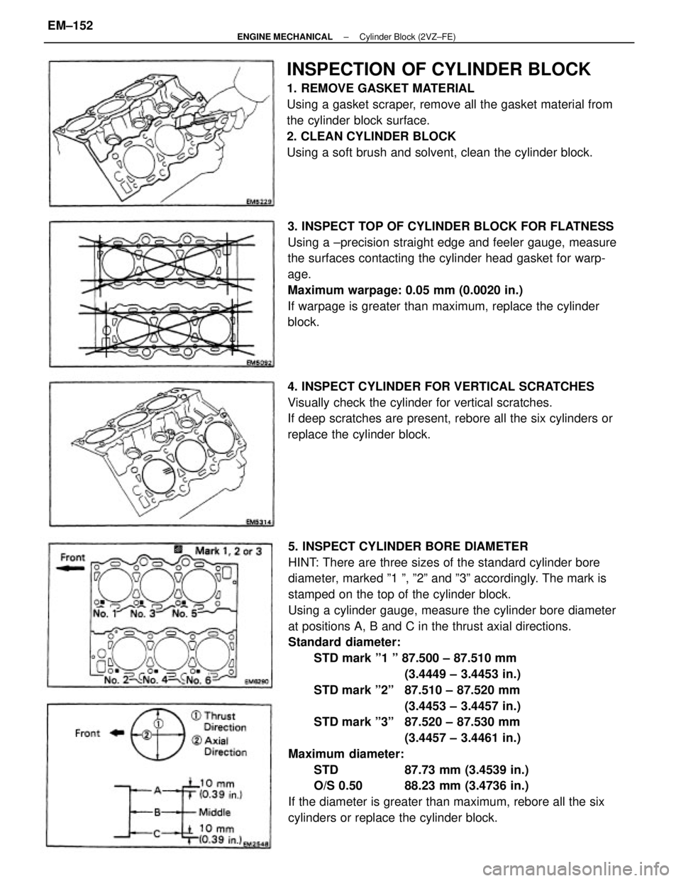 TOYOTA CAMRY V20 1986 Service Information 5. INSPECT CYLINDER BORE DIAMETER
HINT: There are three sizes of the standard cylinder bore
diameter, marked º1 º, º2º and º3º accordingly. The mark is
stamped on the top of the cylinder block.
TOYOTA CAMRY V20 1986 Service Information 5. INSPECT CYLINDER BORE DIAMETER
HINT: There are three sizes of the standard cylinder bore
diameter, marked º1 º, º2º and º3º accordingly. The mark is
stamped on the top of the cylinder block.