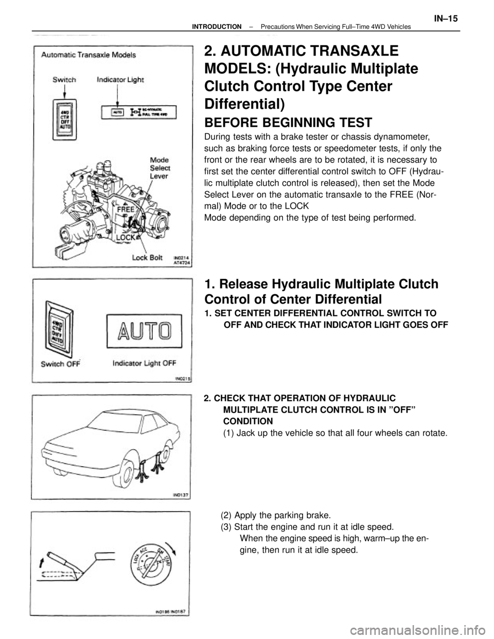 TOYOTA CAMRY V20 1986 Service Information 2. AUTOMATIC TRANSAXLE
MODELS: (Hydraulic Multiplate
Clutch Control Type Center
Differential)
BEFORE BEGINNING TEST
During tests with a brake tester or chassis dynamometer,
such as braking force tests TOYOTA CAMRY V20 1986 Service Information 2. AUTOMATIC TRANSAXLE
MODELS: (Hydraulic Multiplate
Clutch Control Type Center
Differential)
BEFORE BEGINNING TEST
During tests with a brake tester or chassis dynamometer,
such as braking force tests