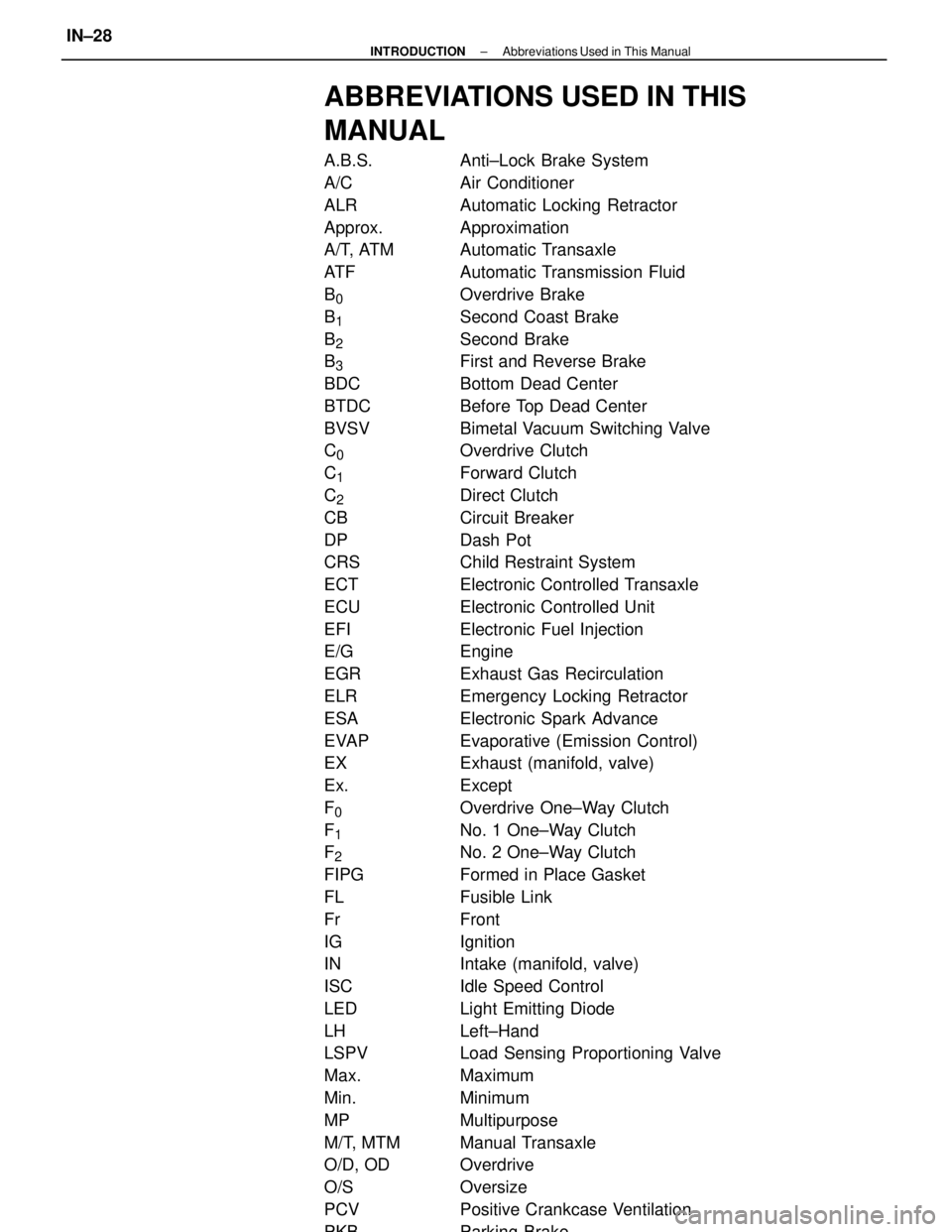 TOYOTA CAMRY V20 1986 Service Information ABBREVIATIONS USED IN THIS
MANUAL
A.B.S. Anti±Lock Brake System
A/C Air Conditioner
ALR Automatic Locking Retractor
Approx. Approximation
A/T, ATM Automatic Transaxle
ATF Automatic Transmission Fl TOYOTA CAMRY V20 1986 Service Information ABBREVIATIONS USED IN THIS
MANUAL
A.B.S. Anti±Lock Brake System
A/C Air Conditioner
ALR Automatic Locking Retractor
Approx. Approximation
A/T, ATM Automatic Transaxle
ATF Automatic Transmission Fl