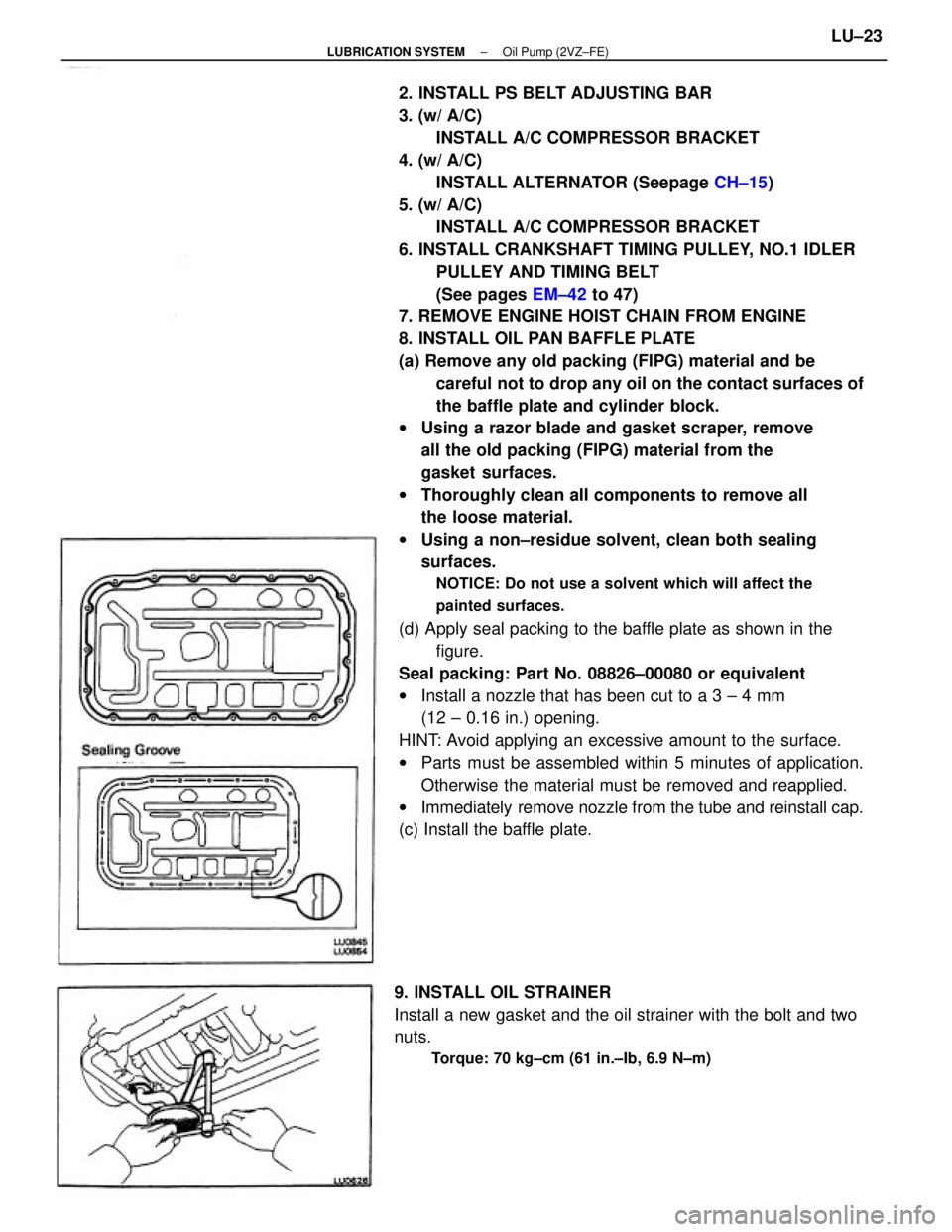 TOYOTA CAMRY V20 1986 Service Information 2. INSTALL PS BELT ADJUSTING BAR
3. (w/ A/C)
INSTALL A/C COMPRESSOR BRACKET
4. (w/ A/C)
INSTALL ALTERNATOR (Seepage CH±15)
5. (w/ A/C)
INSTALL A/C COMPRESSOR BRACKET
6. INSTALL CRANKSHAFT TIMING PULL TOYOTA CAMRY V20 1986 Service Information 2. INSTALL PS BELT ADJUSTING BAR
3. (w/ A/C)
INSTALL A/C COMPRESSOR BRACKET
4. (w/ A/C)
INSTALL ALTERNATOR (Seepage CH±15)
5. (w/ A/C)
INSTALL A/C COMPRESSOR BRACKET
6. INSTALL CRANKSHAFT TIMING PULL