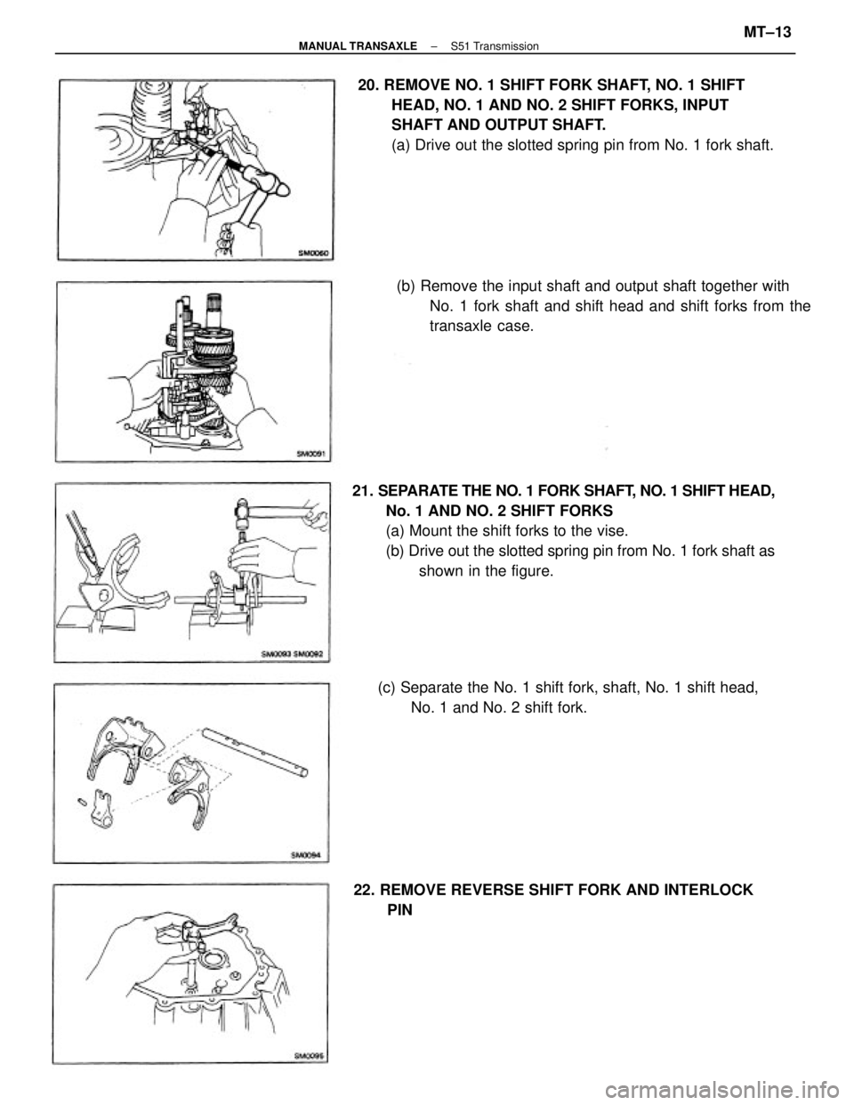 TOYOTA CAMRY V20 1986  Service Information 21. SEPARATE THE NO. 1 FORK SHAFT, NO. 1 SHIFT HEAD,
No. 1 AND NO. 2 SHIFT FORKS
(a) Mount the shift forks to the vise.
(b) Drive out the slotted spring pin from No. 1 fork shaft as
shown in the figur