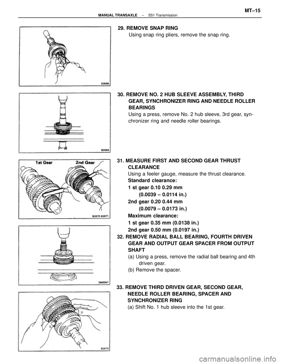 TOYOTA CAMRY V20 1986  Service Information 31. MEASURE FIRST AND SECOND GEAR THRUST
CLEARANCE
Using a feeler gauge, measure the thrust clearance.
Standard clearance:
1 st gear 0.10 0.29 mm
(0.0039 ± 0.0114 in.)
2nd gear 0.20 0.44 mm
(0.0079 