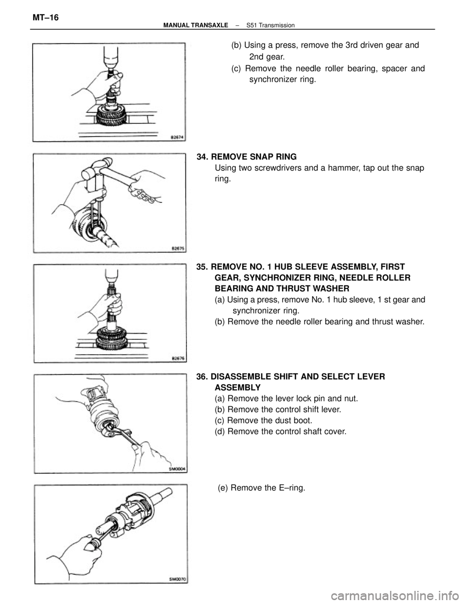 TOYOTA CAMRY V20 1986  Service Information 35. REMOVE NO. 1 HUB SLEEVE ASSEMBLY, FIRST
GEAR, SYNCHRONIZER RING, NEEDLE ROLLER
BEARING AND THRUST WASHER
(a) Using a press, remove No. 1 hub sleeve, 1 st gear and
synchronizer ring.
(b) Remove the