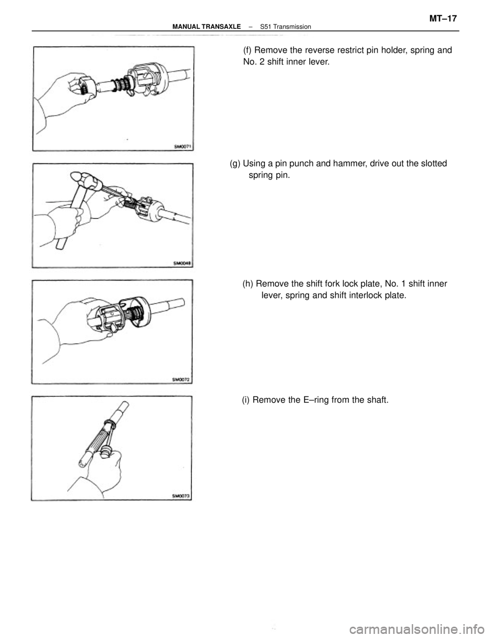 TOYOTA CAMRY V20 1986  Service Information (g) Using a pin punch and hammer, drive out the slotted
spring pin.
(h) Remove the shift fork lock plate, No. 1 shift inner
lever, spring and shift interlock plate. (f) Remove the reverse restrict pin