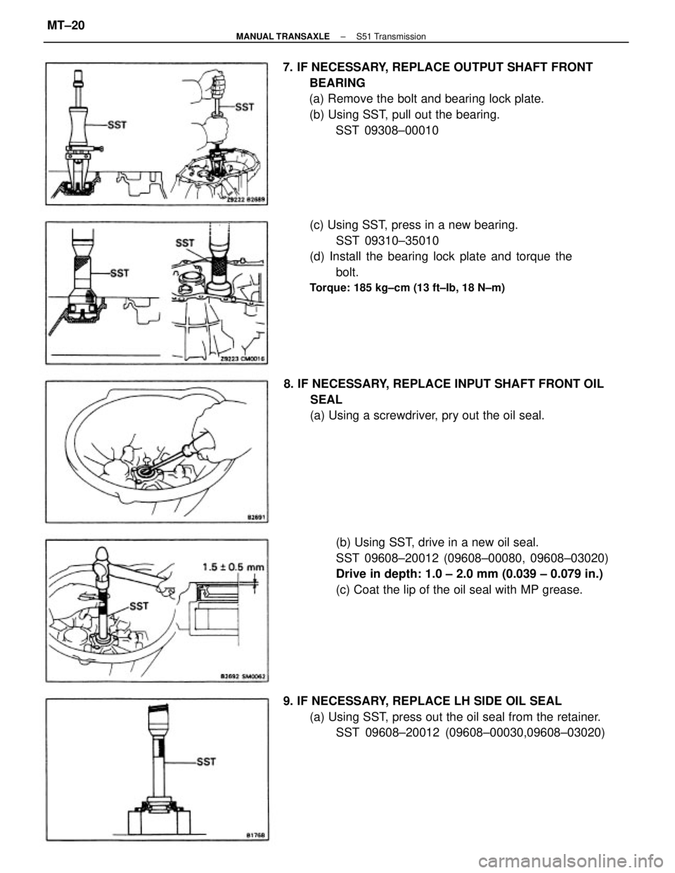 TOYOTA CAMRY V20 1986  Service Information 7. IF NECESSARY, REPLACE OUTPUT SHAFT FRONT
BEARING
(a) Remove the bolt and bearing lock plate.
(b) Using SST, pull out the bearing.
SST 09308±00010
(b) Using SST, drive in a new oil seal.
SST 09608