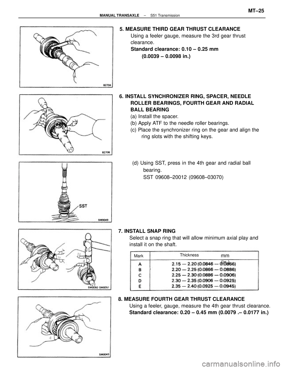 TOYOTA CAMRY V20 1986  Service Information 6. INSTALL SYNCHRONIZER RING, SPACER, NEEDLE
ROLLER BEARINGS, FOURTH GEAR AND RADIAL
BALL BEARING
(a) Install the spacer.
(b) Apply ATF to the needle roller bearings.
(c) Place the synchronizer ring o
