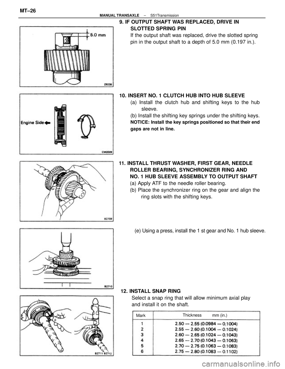 TOYOTA CAMRY V20 1986  Service Information 10. INSERT NO. 1 CLUTCH HUB INTO HUB SLEEVE
(a) Install the clutch hub and shifting keys to the hub
sleeve.
(b) Install the shifting key springs under the shifting keys.
NOTICE: Install the key spring