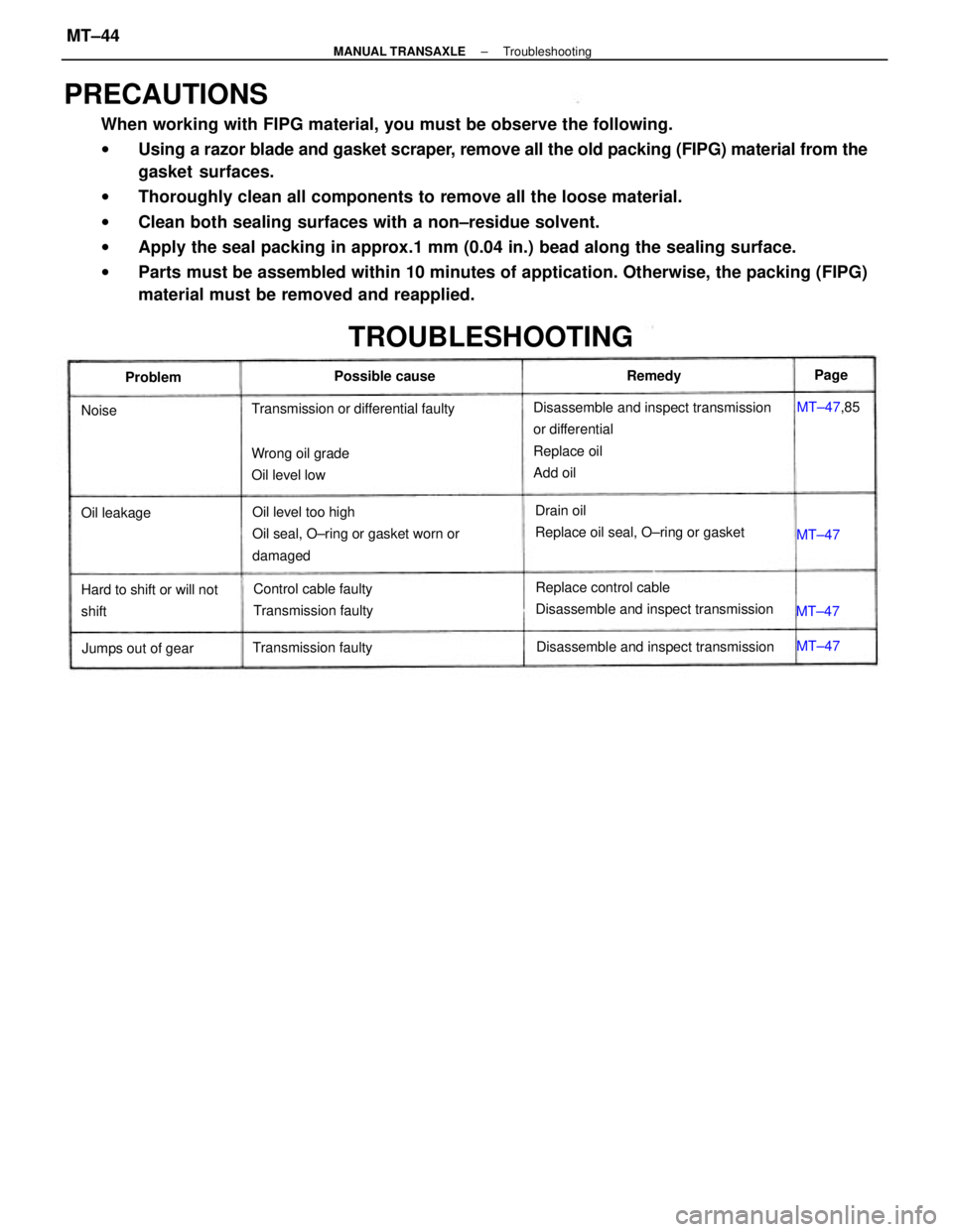 TOYOTA CAMRY V20 1986  Service Information PRECAUTIONS
When working with FIPG material, you must be observe the following.
wUsing a razor blade and gasket scraper, remove all the old packing (FIPG) material from the
gasket surfaces.
wThoroughl